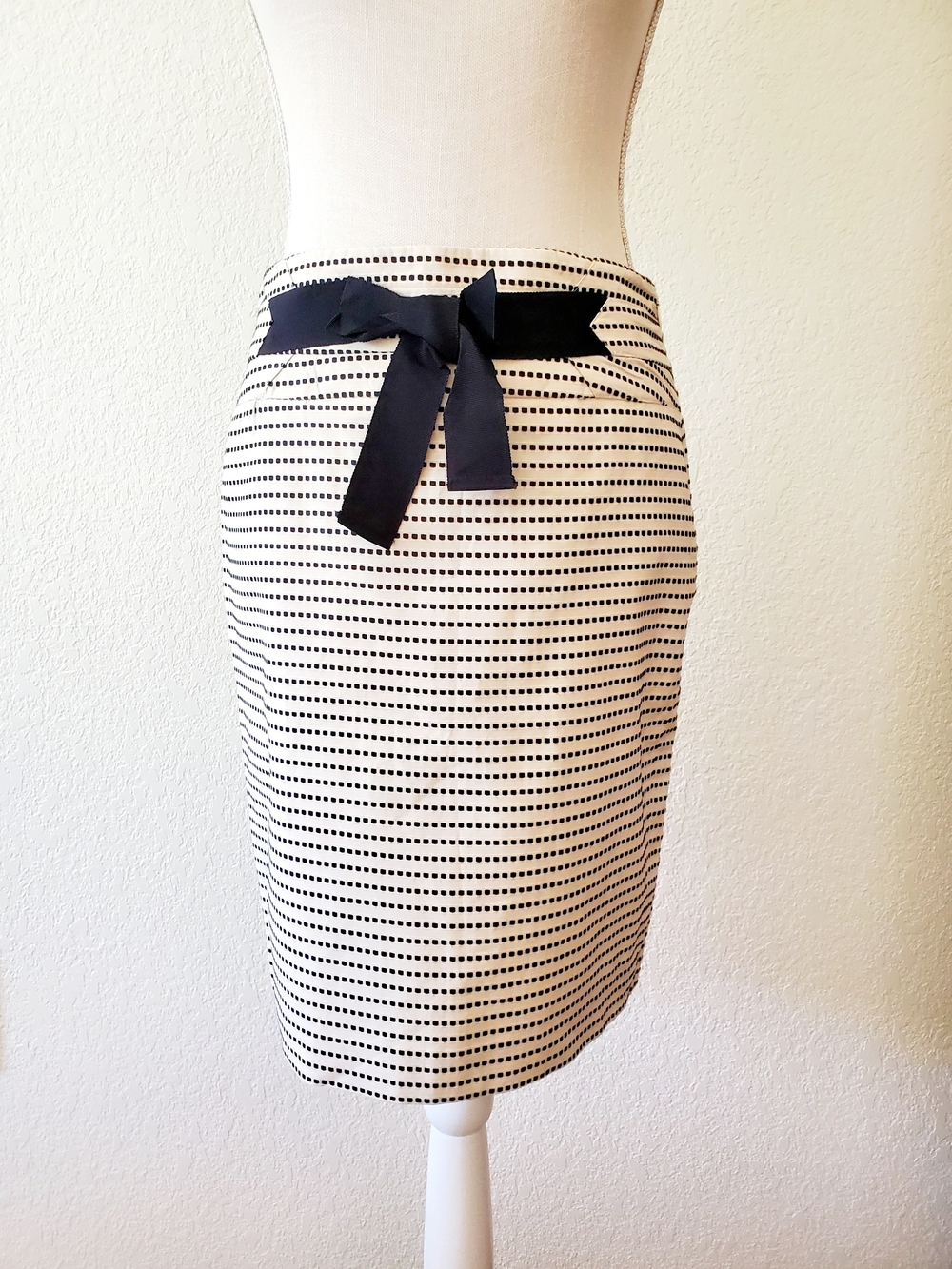 Black and Cream Striped Pencil Skirt with Bow Waist